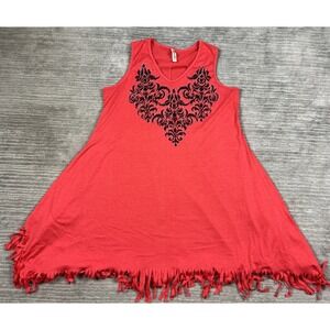 Shoreline Boho Dress Women 2XL Red Sleeveless Tassled Hem Rhinestones Beach